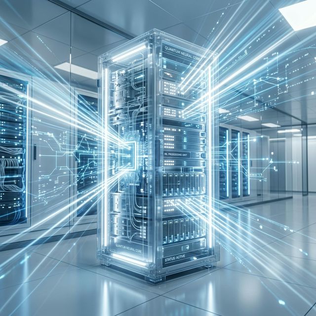 A futuristic translucent server rack emitting bright white and calm blue light rays representing machine learning processing. Clear lighting style background. No people.